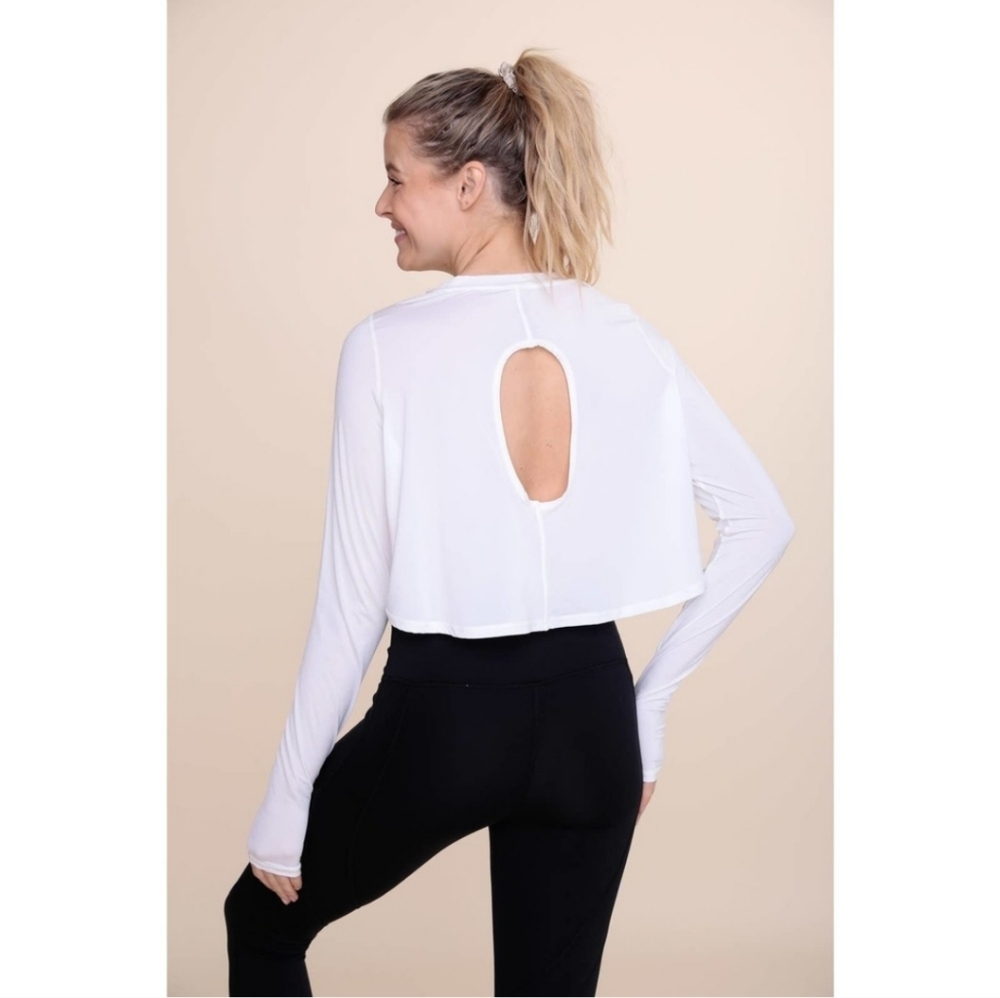 Mono B Womens Long Sleeve Thumb Hole Cut Out Cropped Top Sz L White Yoga Workout